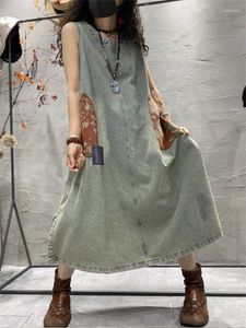 Sıradan elbiseler yaz Kore tarzı kadınlar vintage mavi kotu ulusal desen kayış tank elbisesi vestidos punk sokak kıyafetleri çiçek giyim