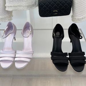 2023 designer womens luxury Pearl sandals women Satin Elegant temperament Black white one word buckle shoes ladys sexy fashion Back heel high heels sandal sizes 35-40