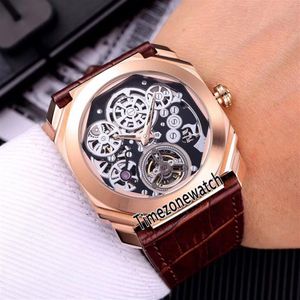 Ny Octo Finissimo Tourbillon 102719 BGO40PLTBXTSK Skeleton Automatic Mens Watch Rose Gold Case Brown Leather Strap New Watches Ti283U