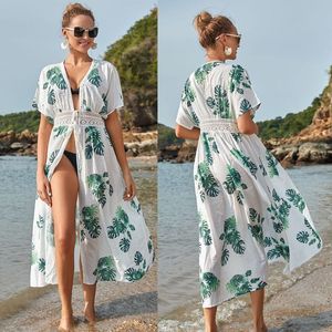 Damen-Bademode 40GC Frauen-Bikini-Badeanzug-Vertuschung, böhmischer grüner Palmblatt-Druck, Kimono-Cardigan, vorne offen, gebundene Taille, langes Strandkleid