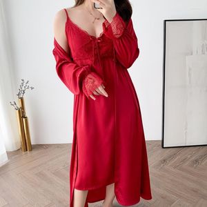 Women's Sleepwear 2PCS Women Kimono Robe Gown Sets Bride Wedding Underwear Bathrobe Sexy Strap Top Nightdress Sleepshirts Rayon Nightwear