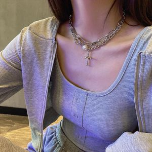 Kedjor Fashion Punk Cross Pendant Chain Necklace For Women Multilayer Pearl Choker Jewelry Giftchains