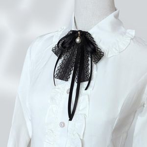 Neck Ties Women Girls Black Lace Ribbon Bow Tie Faux Pearl Pendant Brooch Pin Necklace Uniform Shirt Blouse Pre-Tied Jabot Collar
