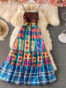 Casual Dresses Bohemian Maxi For Women Summer Clothing Vintage Printed Ethnic Embroidery Tassels Suspender A-line Long