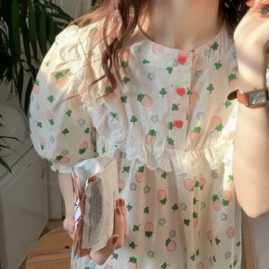 Women's Sleepwear Kawaii Print Summer Nightgown Women O-Neck Puff Sleeve Long Cotton Casual Night Dress Sweet Korean Homewear