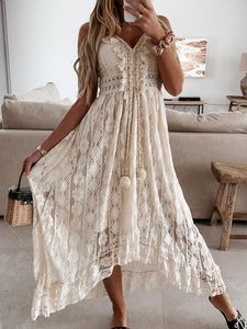 Sıradan elbiseler beyaz dantel uzun elbise kadın kapalı omuz kolsuz sundress bayanlar spagetti kayış plajı katı derin v boyun çiğ