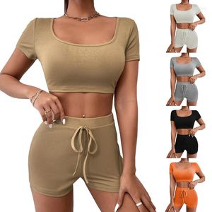 Women's Tracksuits Summer 2023 European And American Women's Plain Navel Revealing Suit Square Collar Drawstring Tight