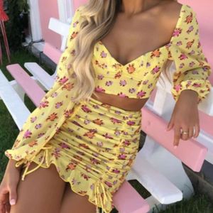 Skirts Fashion Two-piece Floral Chiffon Short Skirt With Wood Ears Halter Lantern Sleeve Spring And Autumn Long Pleated SkirtSkirts