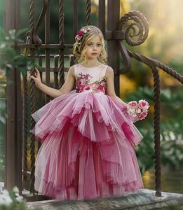 Girl Dresses 2023 Blush Pink Layered Tulle Flower Girls Ruffles Puffy Kids Bridal Party Gown Custom Made Tier Child Pageant Skirts