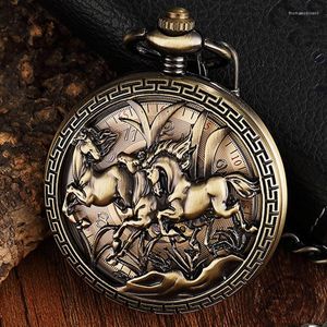 Taschenuhren Vintage geschnitztes Pferdemuster mechanische Uhr hohle Bronze Fob Hand Halskette mit Kette für Männer Frauen Steampunk