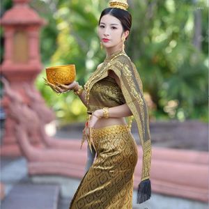 エスニック服アジアのタイ雲南旅行休日衣装ブルーレッドコーヒーノースリーブスカートショールコロケーションスーツ女性スペシャルウェア