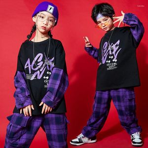 Scene Wear Kids Hip Hop Clothing Loose Long Sleeve Sweatshirt Topps Purple Plaid Casual Pants Girls Boys Jazz Dance Ballroom Clothes Sl6144