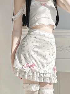 Gonne Minigonna con volant con stampa floreale Bianco Kawaii Lolita Stile giapponese Vestito estetico Fiocco dritto Y2K