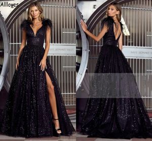 Luxurious Furs Bling Black Sequined Prom Dresses Sexy V Neck Side Split Arabic Aso Ebi Women Formal Evening Party Gowns A Line Backless Special Occsaion Dress CL1716