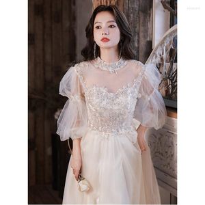 Casual Dresses Sexiga paljetter Applique Stand Collar Back Zipper A-Line Evening Dress Bride Bridesmaid Wedding Tulle Prom Gowns Vestidos