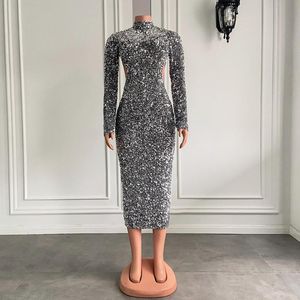 Party Dresses Simple Long Sleeve Tight Fitted High Neck Sparkly Silver Sequin Backless African Women -Length Formal Evening Dress 2023Party