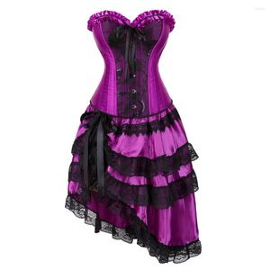 Skirts Overbust Corset Dress Set Waist Bustier Top With Layer Skirt Purple Club Costume