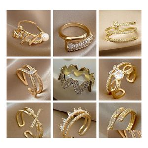 Полоса кольца Sier Gold Geometric Flash Diamond Open Ring Personals Iscement Personality Finger Women Party Jewelry Gift Delive Dh6lj