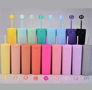 17 Kolory pastelowe 16 uncji matowe akrylowe chude kubki z pokrywką podwójną ścianę izolowane szczupłe butelki z wodą DIY Plastikowe kubki Macron kawy Kubki BB0121