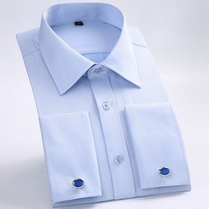 Mens Casual Shirts Quality Gentle Formal Mens French Cuff Dress Shirt Män Långärmad solid randig stil Mensskjortor Manschufflänk Inkludera plus storlek 230114