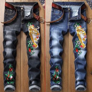 Men's Jeans Men's Youth Slim Pants Straight Trousers Stretch Embroidered Hole Fashion Tiger Blue Black 2 Color