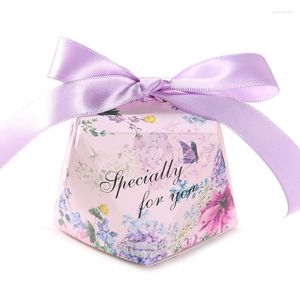 Embrulho de presente 2023 Venda favores de casamento de hexágono violeta e caixas de doces de papel com fitas decoração de 20pcs/lote