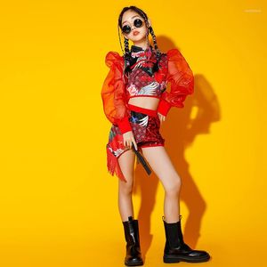 Scene Wear Kids Hip Hop Clothing Kpop Rock Red Puff Sleeve Crop Top T Shirt Fringe Sequin Shorts For Girl Jazz Dance Costume Set kläder