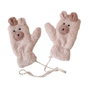 Five Fingers Gloves Cartoon Bear Cute Ears Hanging Neck Glove Women's Girls Winter Kawaii Thick Riding Mittens Outdoor Keep Warm