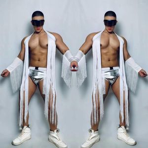 Stage Wear Costume da pole dance sexy per uomo Gilet con nappe bianche Pantaloncini d'argento Discoteca Bar Dj Gogo Dancer Abbigliamento rave VDB6151