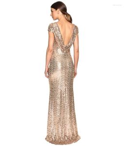 Vestidos casuais Gold Rose Mermaid Mangas curtas Backless Long Beach Liginas Festa de casamento Vestido da dama de honra