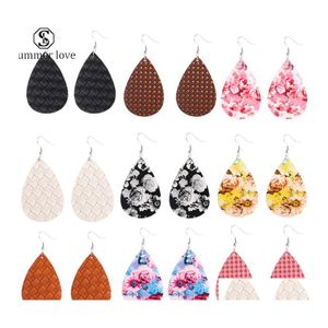 Dangle Chandelier Fashion Printing Pu Leather Water Drop Flower Earrings Doublesided Sequins Sliver Plating Hook Earring Gift For Dh4Wi