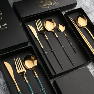 Flatvaruuppsättningar 4/6Sets Tablewellware Cutlery Set rostfritt stål Tabellbox Box Gold Forks Knivar Spoons Kök Servis