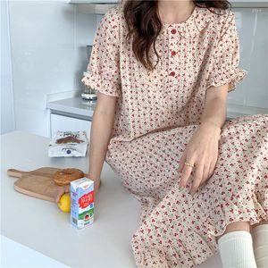 Women's Sleepwear Red Cherry Print Summer Nightgown Women Short Sleeve Casual Long Cotton Night Dress Buttons Korean Sweet