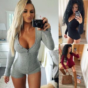 Kvinnors tvåbitar byxor est mode v hals stickad bodysuit långärmad romper jumpsuit leotard topwomen's