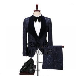 Мужские костюмы Blazers Navy Blue Paisley Floral Velvet Formal Men 2023 Твердые приготовленные жениха