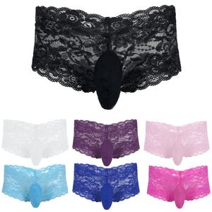 Underpants Mens See Through Floral Lace Underwear Sissy Panties Closed Penis Sheath Briefs Elastic Waistband Boxer Shorts Erotic LingerieUnd