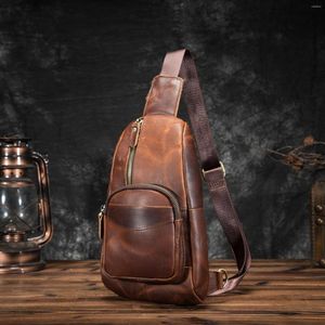 Waist Bags Crazy Horse Leather Men Casual Travel Triangle Chest Sling Bag Design 8" Tablets One Shoulder Strap Daypack Male 8012