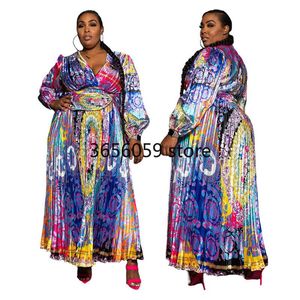 Casual Kleider 2023 Frühling Herbst Maxi Kleid Blumen Druck Plissee Frauen Damen Lose Vestidos Strand Party Robe Femme Plus Größe