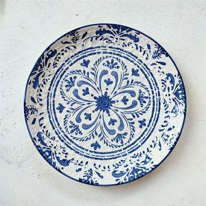 Borden Amerikaanse keramische plaat geschilderd fruitsalade blauw en wit porselein eettafel hoofdgerecht huis keuken servies
