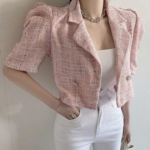 Women's Jackets Korean Chic Notched Collar Single Button Small Fragrance Puff Short Sleeve Jacket Women Fashion Tweed Shirts CoatsWomen's