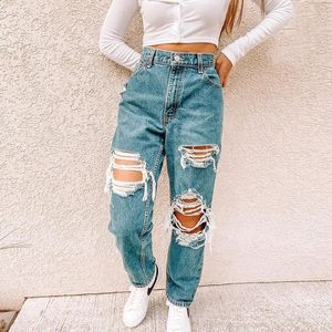 Kvinnors jeans sexiga chic hål rippade denim rak full längd byxor avslappnad hög midja passande oroar vilda trendiga förstörda byxor.