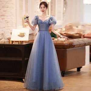 Ethnic Clothing Blue Exquisite Long Banquet Gown Women Elegant Diamonds Trim Temperament Prom Dresses Sexy V-Neck Slim Evening Party Dress