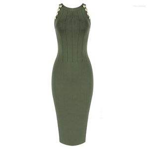 Casual Dresses Green Color Women Rivet Bandage Turtleneck ärmlös Bodycon Dress Fashion Elegant Celebrity Big Size