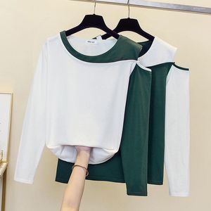 여자 T 셔츠 2023 가을 긴 슬리브 셔츠 여성 Tshirt 면화 한국 스타일 화이트 티셔츠 티 펨메 섹시 중공 오버 사이즈