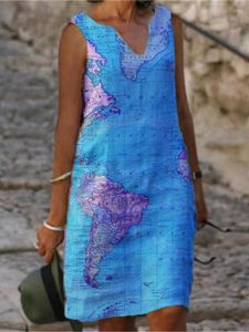 الفساتين غير الرسمية 2023 المرأة بلا أكمام ضد الرقبة الصيف بوهو لباس خريطة خريطة طباعة كبيرة الحجم مستقيم ميدي أزياء الملابس