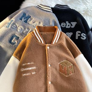 Kurtki męskie zimowe polar Varsity Baseball Jacket Men Warm Korean Trend Płaszcz Streetwear Zagima Faux Fur