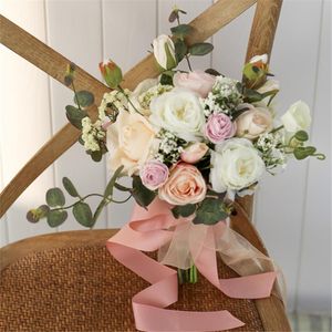 Kwiaty ślubne sesthfar w stylu europejskim zakurzone różowe bukiety romantyczne eukaliptus rose panna młoda kwiat bukiet sztuczny buque de noiva