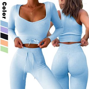 Active Sets Seamless Yoga Set Women 2 Two Piece Crop Top Long Sleeve Shorts Pants Sportsuit Workout Outfit Fitness Female Gym Wear