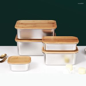 Set di stoviglie Scatola da pranzo in acciaio inossidabile 304 con coperchio in bambù Rettangolare sigillato in legno Conservazione refrigerata fresca