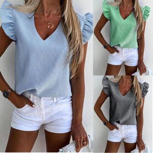 Women's Blouses Office Lady Summer Blouse V Neck Stripes Short Ruffled Sleeve Casual T-shirt Top Women Loose Blusas Mujer De Moda 2023